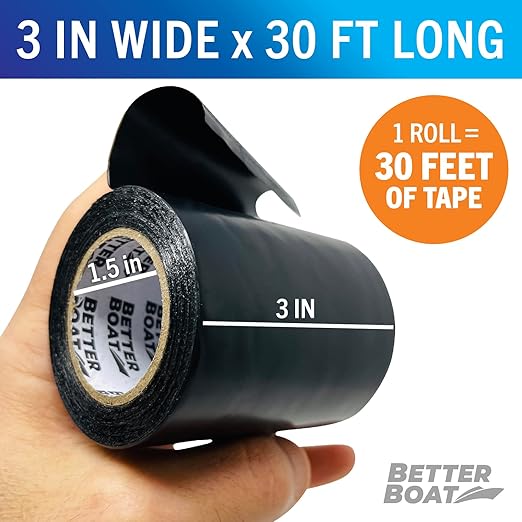 Repair Tape for Fabric Boat Covers, Canvas Tents, Pop-Up Campers, RV Awnings, Tarps, Canopies, Bimini Tops, Sails, Air Mattress Patch Kit, 30ft x 3" Black Heavy-Duty Waterproof Vinyl