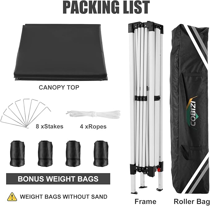 COBIZI 10x10 Pop Up Canopy Tent with 4 Sandbags, Easy Set Up Tent, Instant Outdoor Sun Shelter Canopy with 8 Stakes,4 Ropes&Carry Bag, Tents for Parties, Beach, Backyard,Camping(Black
