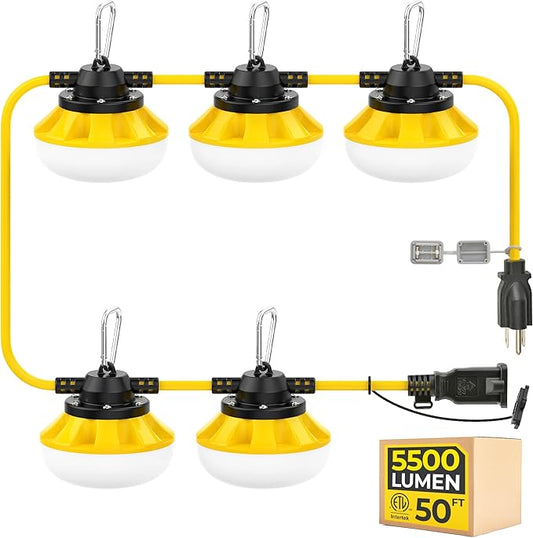 50ft LED String Lights: 3 Prong 50w 5500lm ETL Certified Bright Industrial Outdoor Temporary Lighting Hanging IP65 Waterproof 18AWG Wire Construction Work Light for Attic Jobsite Garage