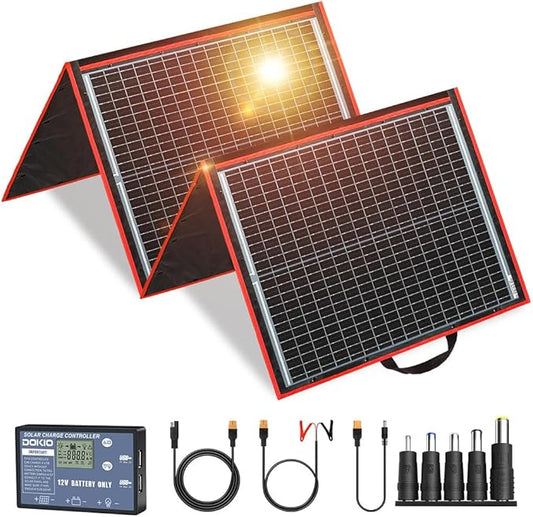 DOKIO 150W Portable Foldable Solar Panel Kit, Compact 21x19in Design 7lb with Standalone Controller and USB, Monocrystalline Charger for 12V Batteries, Power Stations, RV Camping Emergency Use