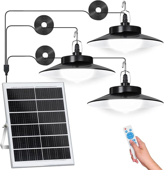 Solar Pendant Lights Outdoor,3 Heads Solar Shed Light Dimmable with Motion Sensor,Solar Powered Lights with Upgrade 5 Lighting Modes & Remote Control for Shed,Patio,Barn,Garage,Chicken Coop