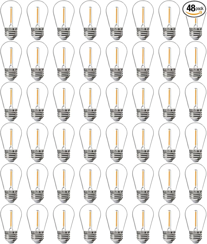 FLSNT 48 Pack LED S14 Replacement Light Bulbs for String Light, Waterproof Outdoor LED Bulbs, E26 Base, 2200K Warm White, Non-Dimmable