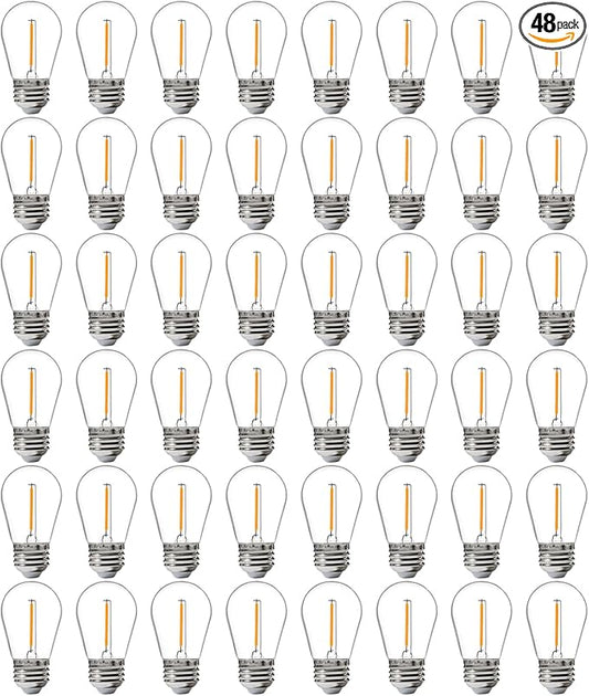 FLSNT 48 Pack LED S14 Replacement Light Bulbs for String Light, Waterproof Outdoor LED Bulbs, E26 Base, 2200K Warm White, Non-Dimmable