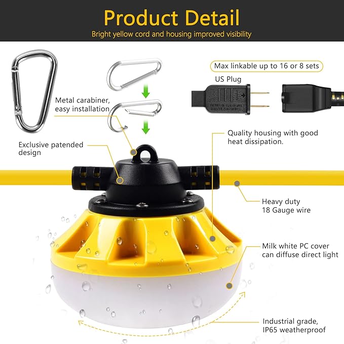 100FT LED Construction String Lights 10 Bulbs,10000LM,Industrial Grade,Weatherproof, Linkable 5000K Super Bright for Job Sites, Mining, Patios & Outdoor Work,Free for Climbing Hook 2Prong