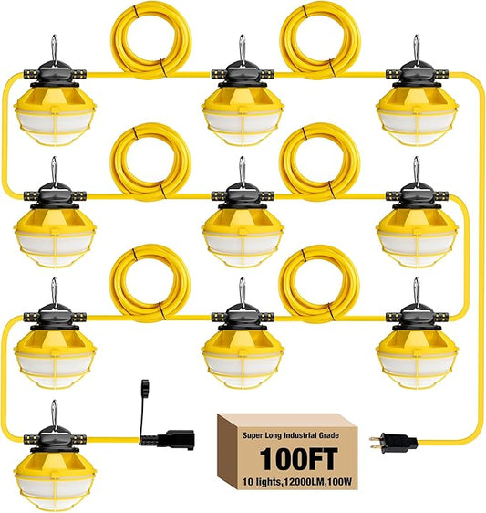 100FT Construction String Lights with Cage, IP65 Waterproof LED String Work Lights, 5000K Daylight 18AWG Wire Linkable Temporary Construction Lighting for Jobsite with 10 Bulbs & Hooks