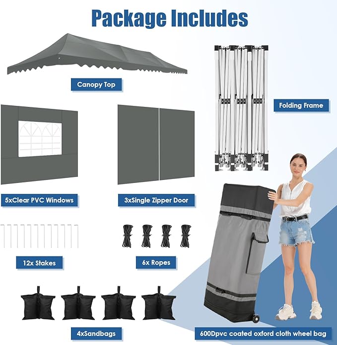 HOTEEL 10x30 Pop Up Canopy with 8 Sidewalls, UV 50+ and Waterproof Party Tent 10×30, Thickened Frame, Large Space Easy Pop Up Canopy, Outdoor Canopy for Weddings, Beaches, Parties, Patio (Grey)