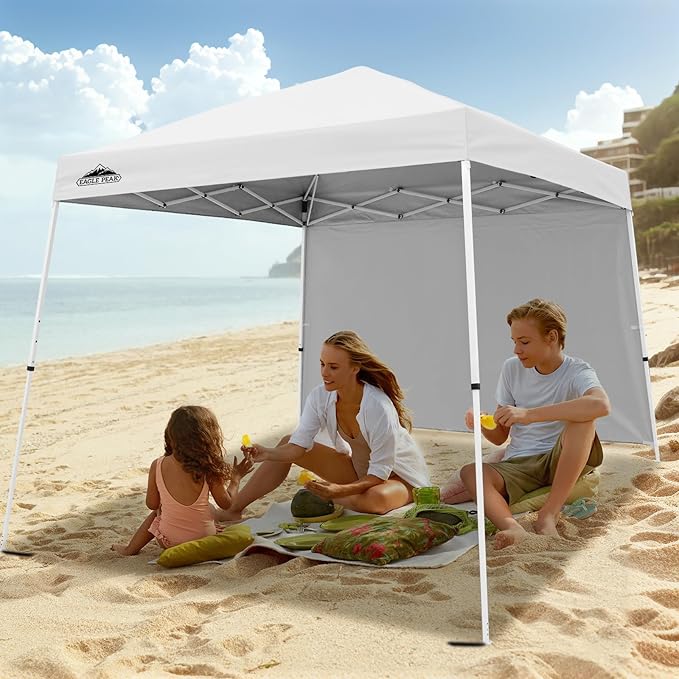 EAGLE PEAK 10x10 Pop Up Canopy Tent with Sidewall, Compact, Portable Slant Leg Instant Sun Shelter for Beach, Sports, & Camping, 10x10 Base 8x8 Top, White