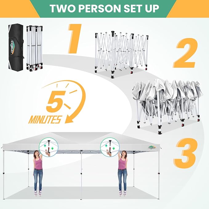 COBIZI 10x20 Pop Up Canopy Tent with 6 Removable Sidewalls,Waterproof & UV 50+ Easy Up Canopy,Commercial Gazebo with Air Vent,4 Sand Bags,4 Stakes & 8 Ropes,Tents for Parties/Camping/Backyard,White