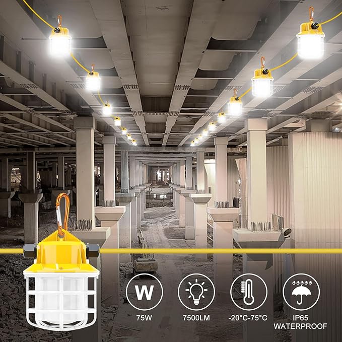 50ft LED Construction String Lights, 75W 7500LM Industrial Grade Super Bright String Work Lights for Construction Sites, Temporary Work, Renovation, Jobsite, and all outdoor lighting(50ft-5lights)