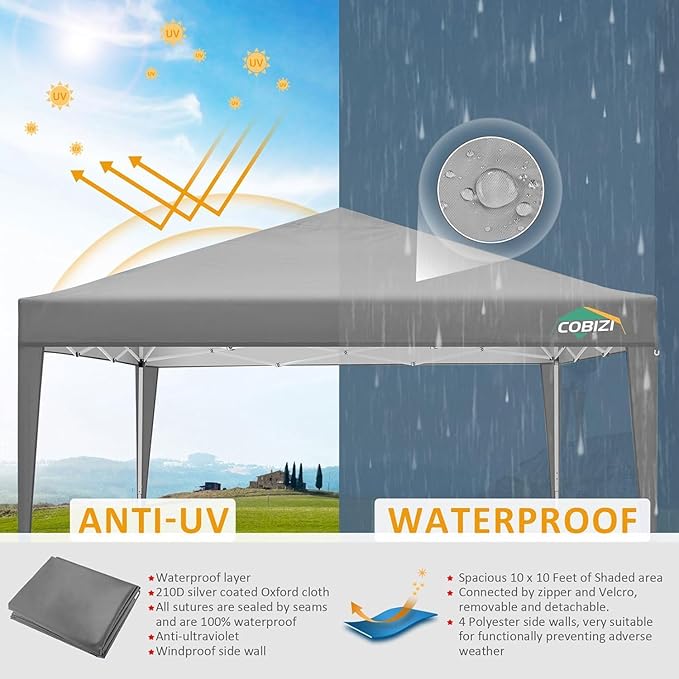 COBIZI 10x10 Pop Up Canopy Tent with 4 Removable Sidewalls, Easy Up Waterproof Sun Shade Tents for Parties Camping Exhibition, Commercial Event Gazebo with Carry Bag,8 Stakes & 4 Ropes (Gray