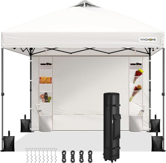 VIVOHOME 10x10ft Pop Up Canopy Tent with Sidewall and 6 Pockets, One Push Setup Outdoor Portable Shelter Tent Heavy Duty with Wheel Carry Bag and 4 Sandbags, White
