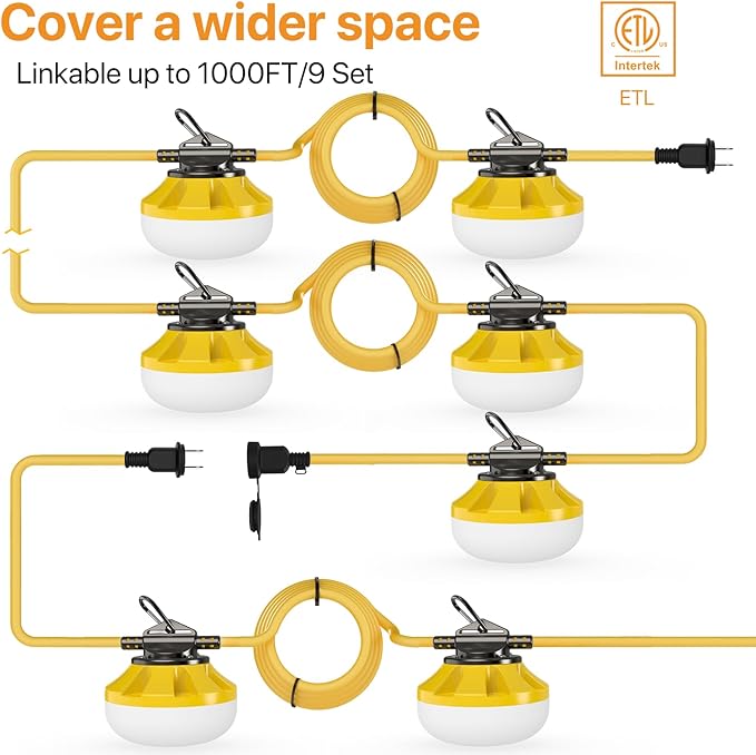100FT Construction String Lights: 100W Led Construction String Lights with 5 Bulbs & Hooks, IP65 Attic Lighting 5000K Linkable Hanging Work Light for Crawlspace, Basement, Backyard