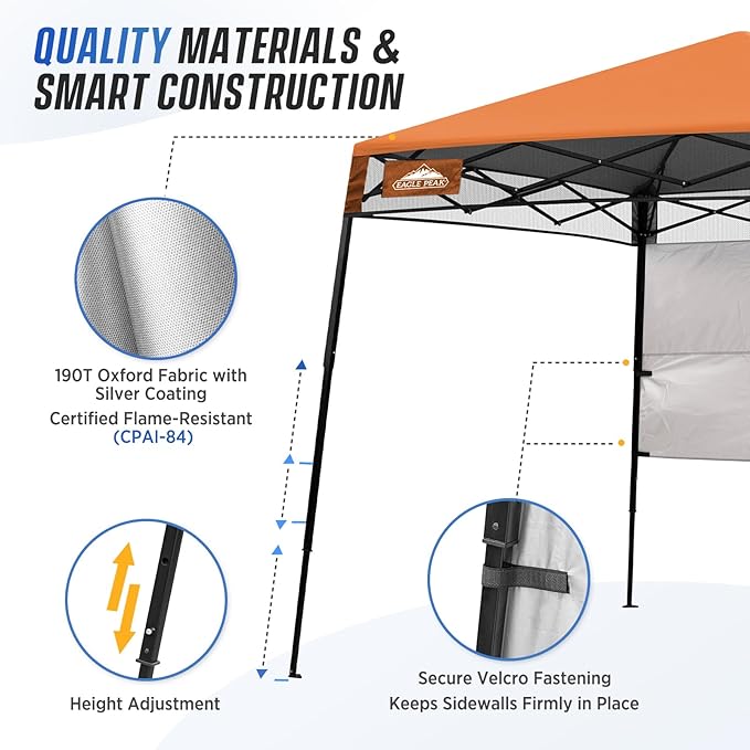 EAGLE PEAK 8x8 Pop Up Canopy Tent with Sidewall, Compact, Portable Slant Leg Instant Sun Shelter for Beach, Sports, & Camping, 8x8 Base 6x6 Top, Orange
