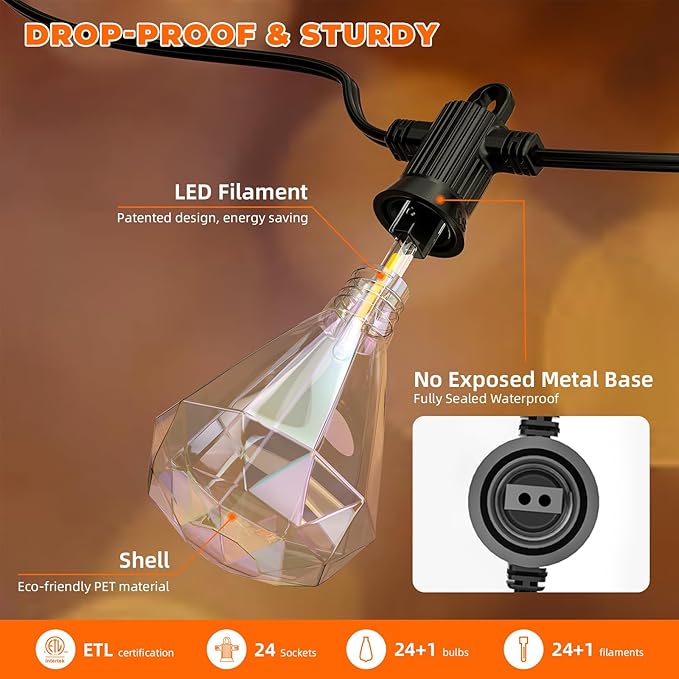Kawaya Outdoor String Lights 48 FT LED Patio Lights with 24 Shatterproof Unique Diamond Edison Bulbs Warm White 2700K Dimmable IP65 Waterproof Outside Hanging Lights for Yard Porch Balcony Bistro Cafe