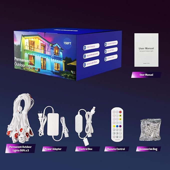 HUTAKUZE Permanent Outdoor Lights, 150FT RGB Smart Eaves Lights, IP67 Waterproof LED Outdoor Strip for House, Music Sync, APP/Remote Control, 16 Million Colors