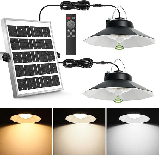 Solar Pendant Light - Outdoor/Indoor, 1200LM with Motion Sensor/Remote/Timer/5 Modes, Waterproof LED Lights for House, Patio, Barn (Dual Lamps)