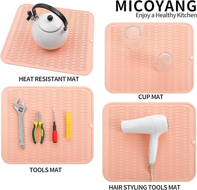 Silicone Dish Drying Mat for Multiple Usage,Easy clean,Eco-friendly,Heat-resistant Silicone Mat for Kitchen Counter or Sink,Refrigerator or Drawer Liner Pink XL 18 inches x 16 inches