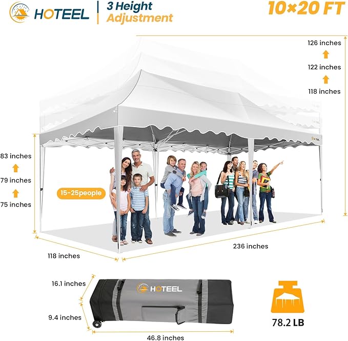 HOTEEL 10x20 Pop up Canopy Tent with 6 Removable Sidewalls, Wave Hem Roof 10x20 Canopy with Wheel Bag and 4 Sandbag, Commercial Pop up Tent Waterproof Sunshade for Wedding Party Stall(White)