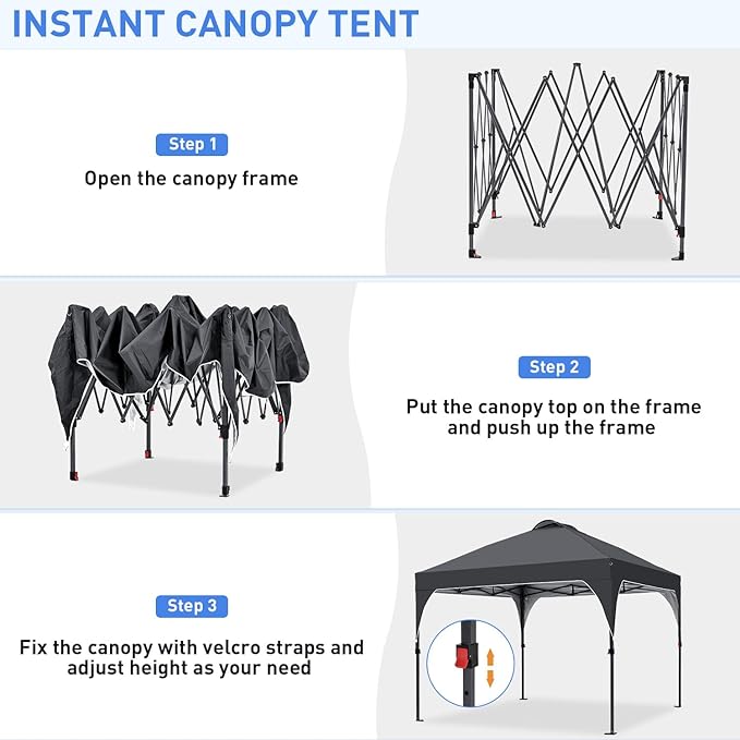 Pop Up Canopy, 10x10 FT Instant Outdoor Canopy Tent with Carrying Bag, 3 Adjustable Heights - Portable for Event, Parties, Camping and More Outdoor Activities