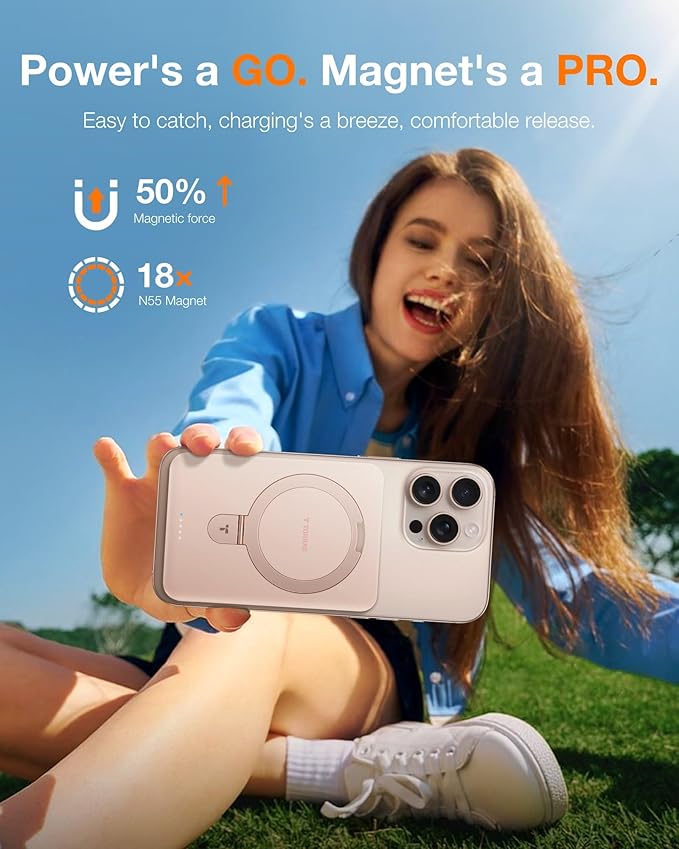 TORRAS 10000mAh Magnetic Portable Charger Power Bank for iPhone, Fast Charging Travel Essential Wireless Battery Pack OStand Compatible with Magsafe, i Phone 16 Pro Max,Pro,15,14,13,12, Rose Gold