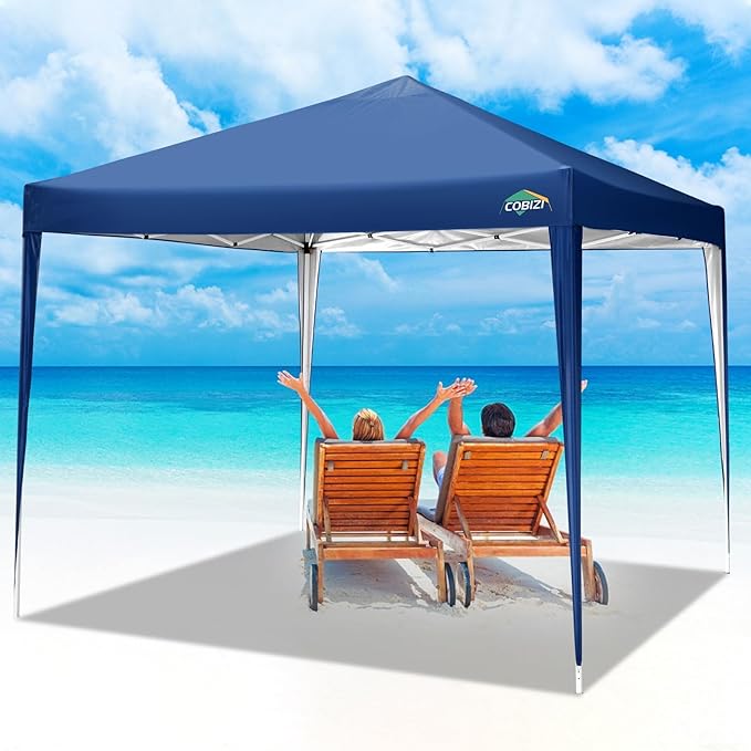 COBIZI 10x10 Pop Up Canopy Tent with 4 Sandbags, Easy Set Up Gazebo, Instant Outdoor Sun Shade &Waterproof Canopy with 8 Stakes,4 Ropes&Carry Bag, Tents for Parties, Beach, Backyard,Camping(Navy Blue