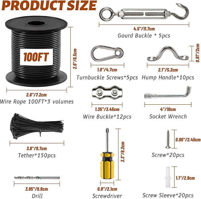 String Light Hanging Kit, 300 Ft Nylon Coated Stainless Steel Cable and Enough Accessories, Guide Wire for Outdoor String Lights, Patio Light, Camping Light