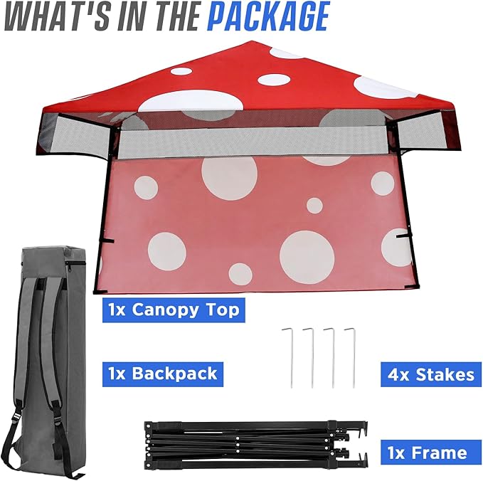 EAGLE PEAK 8x8 Pop Up Canopy Tent with Sidewall, Compact, Portable Slant Leg Instant Sun Shelter for Beach, Sports, & Camping, 8x8 Base 6x6 Top, Red Mushroom