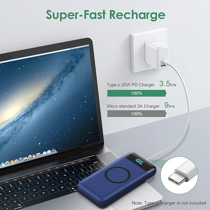 Wireless Portable Charger 30,800mAh 15W Wireless Charging 25W PD QC4.0 Fast Charging Smart LED Display USB-C Power Bank,4 Output& 2 Input External Battery Pack Compatible with iPhone, Samsung etc-Blue