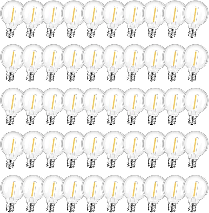 50 Pack LED G40 Replacement Bulbs for String Lights, Shatterproof Plastic Globe Bulb for Indoor Outdoor Patio Decor, E12 Candelabra Socket Base, Warm White