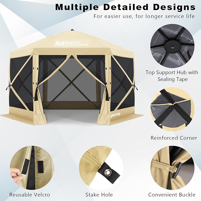 MASTERCANOPY 12x12FT Pop Up Gazebo Screen Tent - Instant Screen House with Netting, Quick Set, Outdoor Canopy Shelter with Carry Bag for Camping, Backyard & Patio (Beige)