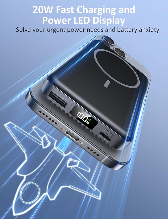 Magnetic Portable Charger, 10000mAh Power Bank, 5 in 1 Portable Charger with Built in Cable, 20W Fast Charging for Magsafe Battery Pack Compatible with iPhone 16/15/14/13 Pro/Pro Max, Samsung Series