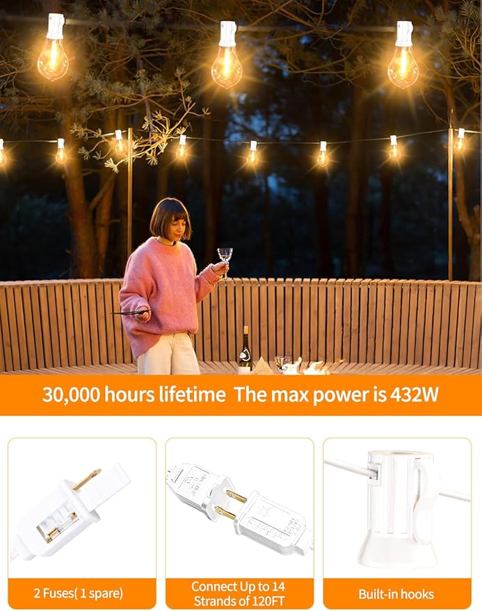 String Lights for Outside 120ft Waterproof with 60+3pcs A39 Shatterproof Edison Bulbs Outdoor String Lights for Patio, Yard, Cafe, Bistro, Market, Warm White 2200k