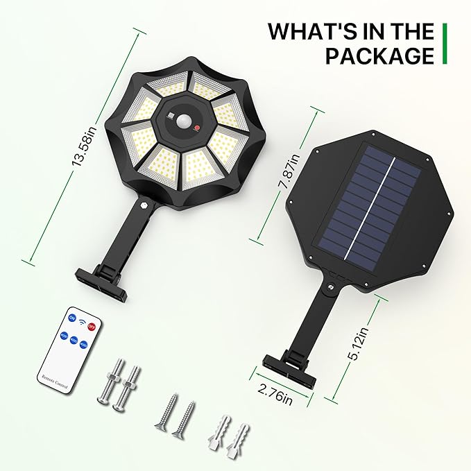 Kifflux Solar Lights Outdoor Waterproof, 8 Sides Solar Street Lights Outdoor Dusk to Dawn, 168LED Powered Flood Light with Motion Sensor, IP66 Waterproof Security Light for Outside Parking lot, 2 Pack