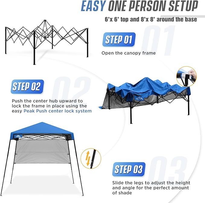 EAGLE PEAK 8x8 Pop Up Canopy Tent with Sidewall, Compact, Portable Slant Leg Instant Sun Shelter for Beach, Sports, & Camping, 8x8 Base 6x6 Top, Blue