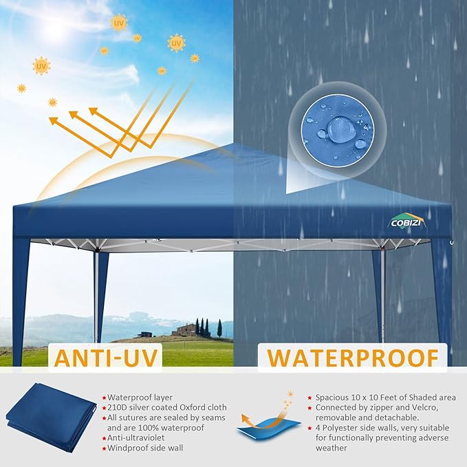 COBIZI Canopy 10x10 Pop Up Canopy Tent with 4 Sidewalls, 10x10 Easy Up Canopy Waterproof Commercial Outdoor Gazebo Portable Shelter Instant Tents for Parties,Backyard(with Carrying Bag,Blue