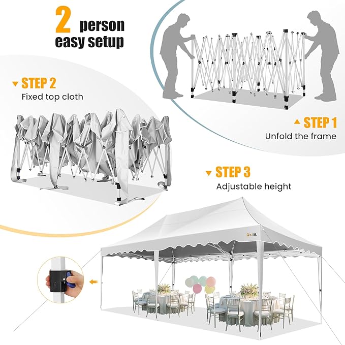 HOTEEL 10×20 Pop Up Canopy, Canopy Tent UV 50+ and Waterproof, Thickened Frame, Large Space Easy Tent, Outdoor Canopies for Weddings, Beaches, Parties, Patio (White)