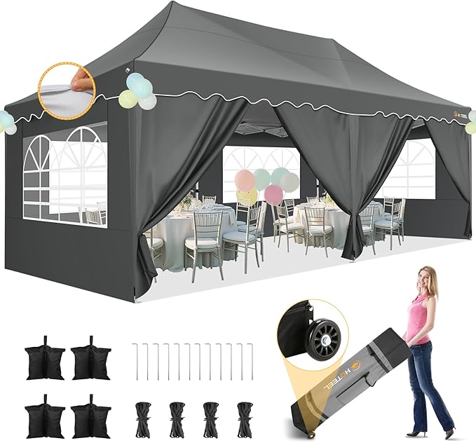 HOTEEL 10x20 Pop up Canopy Tent with 6 Removable Sidewalls, Wave Hem Roof 10x20 Canopy with Wheel Bag and 4 Sandbag, Commercial Pop up Tent Waterproof Sunshade for Wedding Party Stall(Gray)