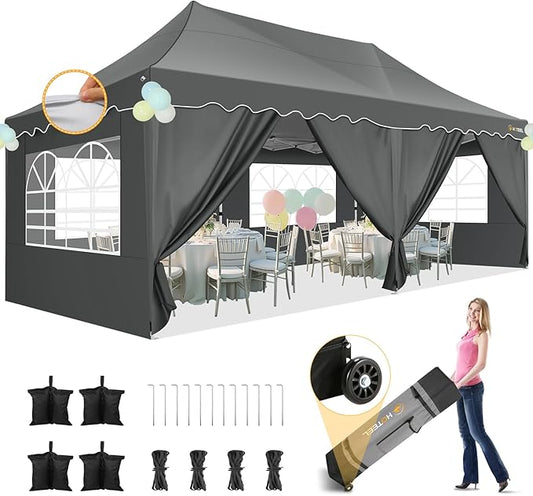 HOTEEL 10x20 Pop up Canopy Tent with 6 Removable Sidewalls, Wave Hem Roof 10x20 Canopy with Wheel Bag and 4 Sandbag, Commercial Pop up Tent Waterproof Sunshade for Wedding Party Stall(Gray)