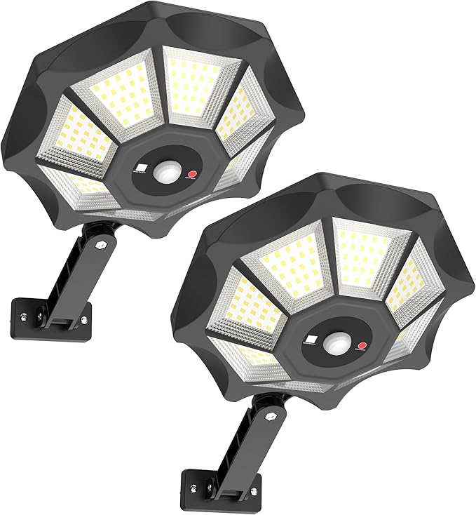 Kifflux Solar Lights Outdoor Waterproof, 8 Sides Solar Street Lights Outdoor Dusk to Dawn, 168LED Powered Flood Light with Motion Sensor, IP66 Waterproof Security Light for Outside Parking lot, 2 Pack