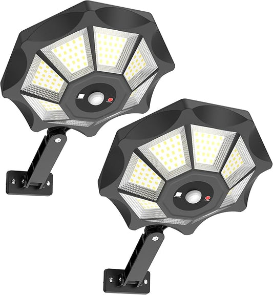 Kifflux Solar Lights Outdoor Waterproof, 8 Sides Solar Street Lights Outdoor Dusk to Dawn, 168LED Powered Flood Light with Motion Sensor, IP66 Waterproof Security Light for Outside Parking lot, 2 Pack