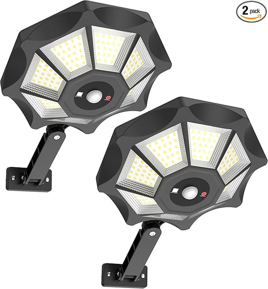 Kifflux Solar Lights Outdoor Waterproof, 8 Sides Solar Street Lights Outdoor Dusk to Dawn, 168LED Powered Flood Light with Motion Sensor, IP66 Waterproof Security Light for Outside Parking lot, 2 Pack