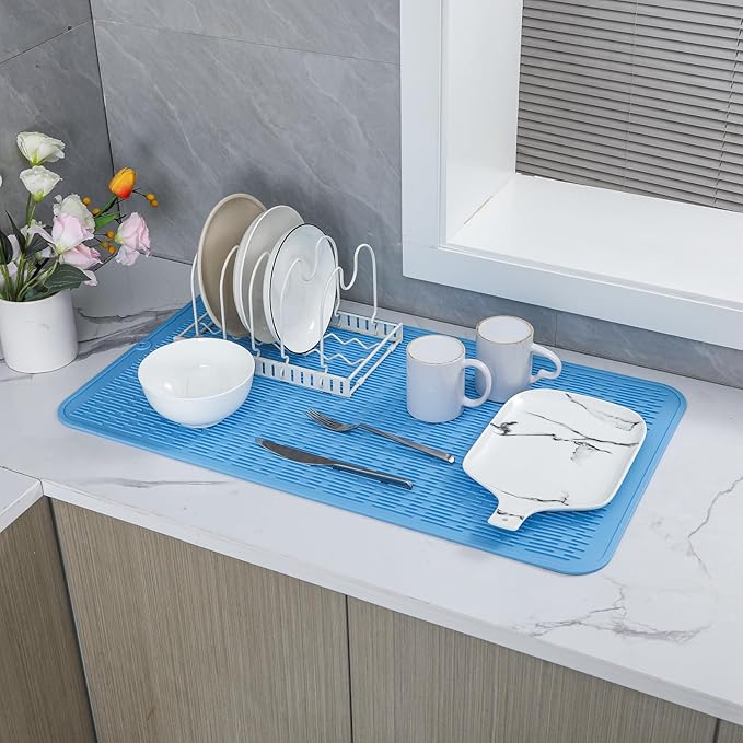 Silicone Dish Drying Mat for Multiple Usage,Easy clean,Eco-friendly,Heat-resistant Silicone Mat for Kitchen Counter or Sink,Refrigerator or Drawer Liner Light Blue 3XL 28 inches x 18 inches
