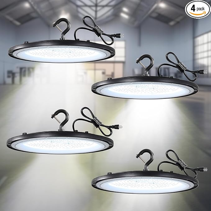 High Bay LED Shop Lights, 200W UFO LED High Bay Light with US Plug, 120V UFO LED High Bay Light for Garage Workshop Barn Warehouse, Commercial Bay Lighting 5000K-Daylight 4 Pack