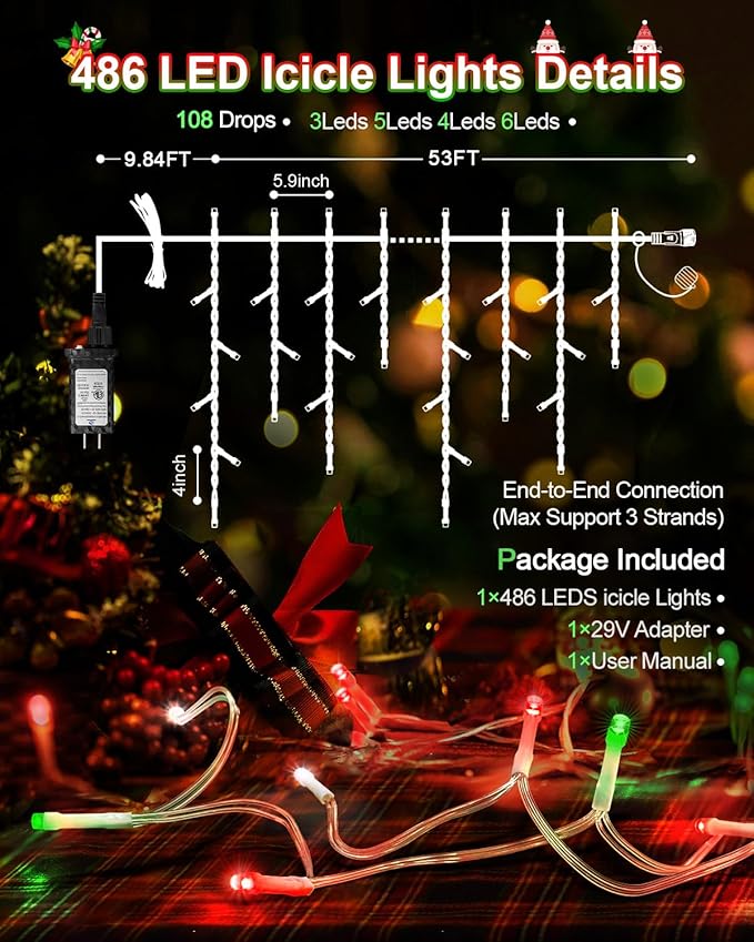 Christmas Lights Outdoor, 53 FT 486 LED Christmas Lights for Outside, Timer & Memory, Plug in 8 Modes Hanging Fairy Light with 108 Drops for House Eaves Yard Patio Decorations, Red Green and White