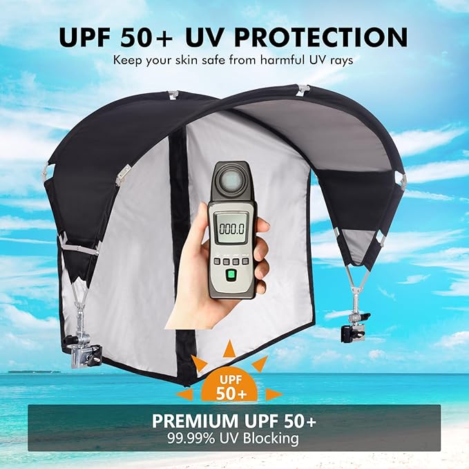 Universal Umbrella - UPF 50+ Sun Shade, Adjustable Clamp Clip, Beach, Wagon, Zero Gravity, Sports & Lawn Chair (Patent Design)