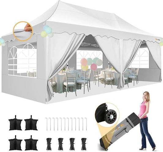 HOTEEL 10x20 Pop up Canopy Tent with 6 Removable Sidewalls, Wave Hem Roof 10x20 Canopy with Wheel Bag and 4 Sandbag, Commercial Pop up Tent Waterproof Sunshade for Wedding Party Stall(White)
