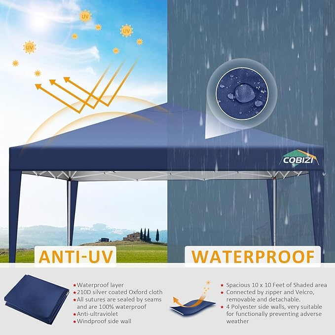 COBIZI 10x10 Pop Up Canopy Tent with 4 Removable Sidewalls, Easy Up Waterproof Sun Shade Tents for Parties Camping Exhibition, Commercial Event Gazebo with Carry Bag,8 Stakes & 4 Ropes (Navy Blue