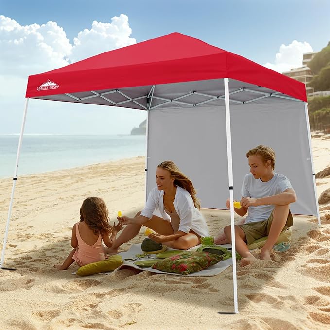 EAGLE PEAK 10x10 Pop Up Canopy Tent with Sidewall, Compact, Portable Slant Leg Instant Sun Shelter for Beach, Sports, & Camping, 10x10 Base 8x8 Top, Red