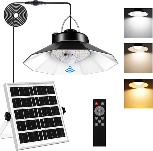 Aqonsie Solar Shed Light Indoor Outdoor Solar Pendant Daytime Work Lights with 3 Colors Temperature & 5 Lighting Modes+2 Timers, 1200LM Solar Motion Indoor Lights with Remote for Shed Gazebo Barn