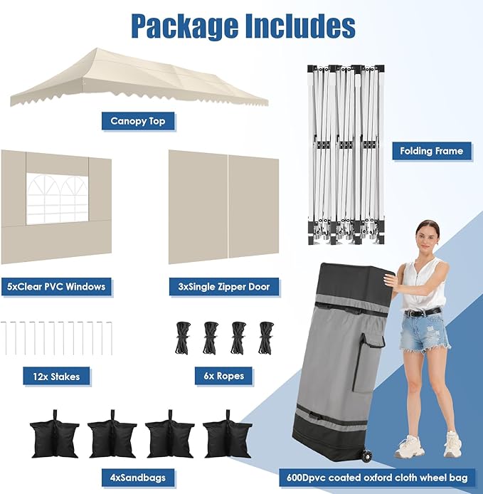 HOTEEL 10x30 Pop Up Canopy with 8 Sidewalls, UV 50+ and Waterproof Party Tent 10×30, Thickened Frame, Large Space Easy Pop Up Canopy, Outdoor Tent for Wedding, Beaches, Parties, Patio (Khaki)